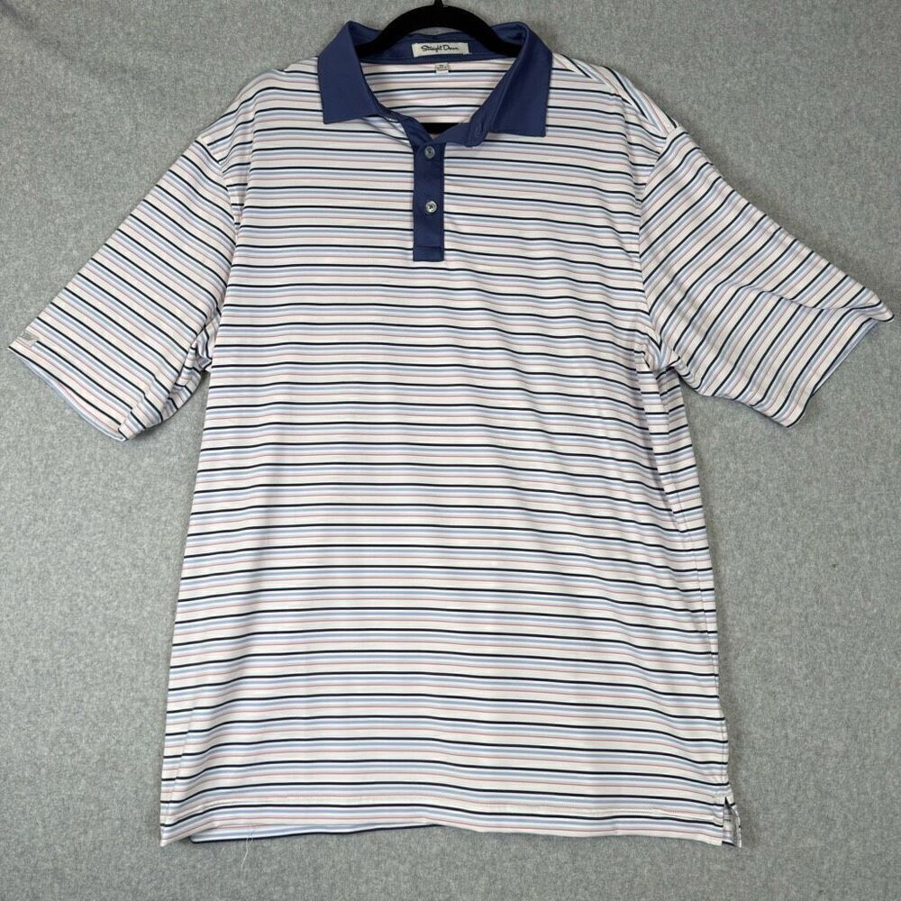 Straight Down Mens Size XL Pullover Golf Polo Shirt Blue Stripe Short Sleeves